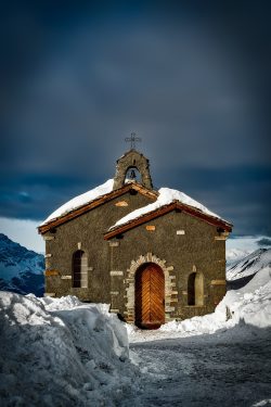 church, snow, mountains